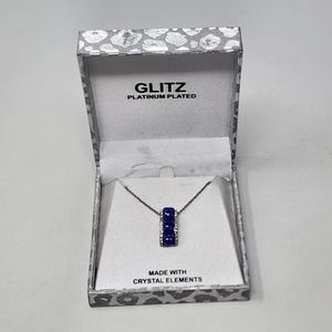 Glitz Blue Clear Crystal Pendant Chain Necklace Platinum Plated Costume Jewelry